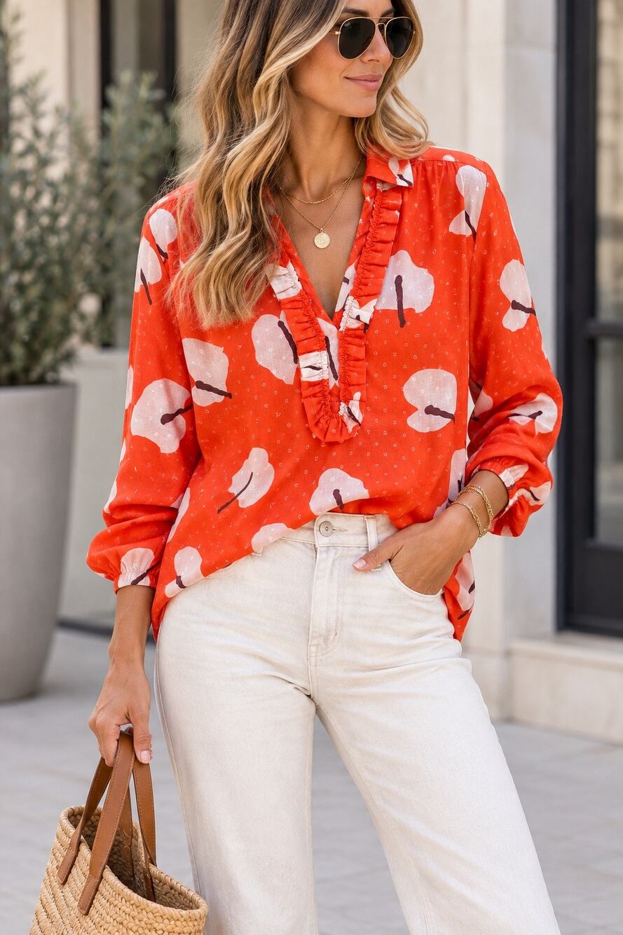 Maude Vivante Ruth Floral Textured Ruffle Long Sleeve Blouse Orange White S NWT